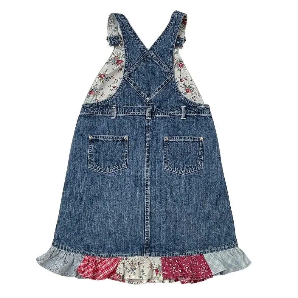 Gymboree Vintage Patchwork Girls Denim Jean Overall Bib Dress Size 7